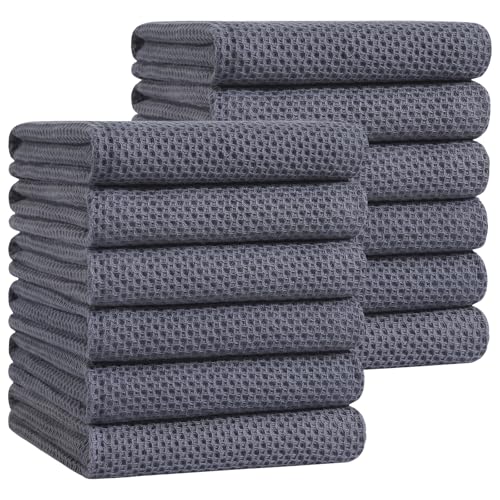 100% Cotton Oversized Waffle Weave Kitchen Towels 12 (Dark Grey / 20 X 28 - 12 Pack)