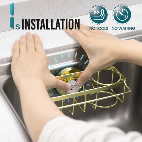 4-in-1 Sponge Holder for Kitchen Sink with Strong Suction Cup-Gold (7.28" x 2.36" / Gold)