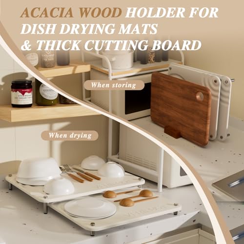 Pearl White 2Pcs Large Stone Dish Drying Mat with Acacia Wood Holder Stand for 1 Inch Cutting Board and Stone Drying Mat for Kitchen Counter Quick Dry Diatomaceous Earth Mat for Kitchen Counter (Acacia Holder Pearl)