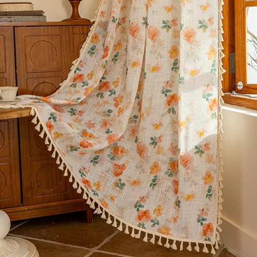 Floral Boho Linen Curtains 96 inch Long 2 Panels Set Farmhouse Vintage French Orange Printed Semi Sheer Light Filtering Window Drapes with Tassels Back Tab for Living (Orange / 50"W x 96"L (Pack of 2))