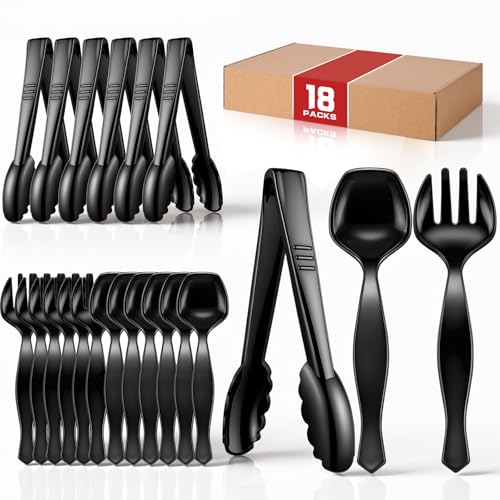 Plastic Serving Utensils Set Disposable Tongs Spoons for Buffet (Black / 18Pcs-Style 2)