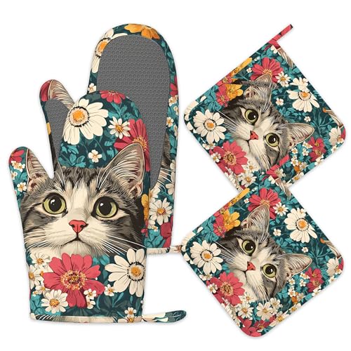 Cute Cat Oven Mitts and Pot Holders Set of 4 (Cute Cat Blooming Colorful Flowers)