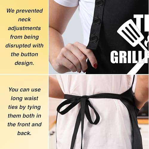 Kitchen Apron Cotton Waterdrop Resistant Adjustable Button Women Men (Black - the Grillfather)