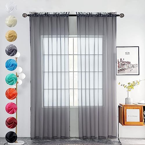 Solid Sheer Rod Pocket Curtain Voile Draperies 2 Panels White Beige Black Grey Coffee 52 Inch Width 63 Inch Long 1 Pair for Kitchen Bedroom Children Living Room Yard (Grey / 52"W x 63"L (Pack of 2))