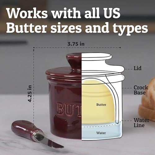 Butter Crock with Lid for Countertop with Spreader Knife and Water Line (Maroon / Regular)