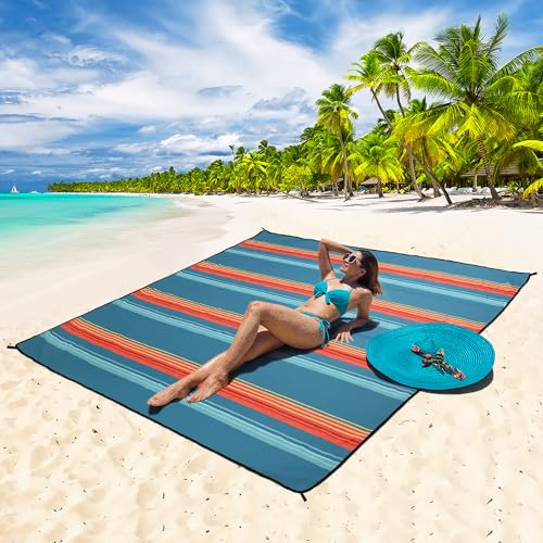 Beach Blanket Mat Waterproof Sandproof for 2 (Stripes - Green Orange / 79" X 83"（1-4person）)