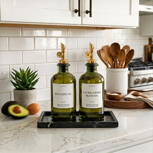 Green Glass Olive Oil Dispenser Bottles For Kitchen (Green/Gold / 17oz)