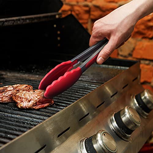 3 Pack Silicone Kitchen Tongs (Red)