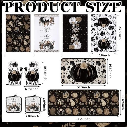 10 Pcs Fall Pumpkin Kitchen Decor Set Kitchen Towels Pot Holders Oven Mitts and Rugs Set Thanksgiving Towels for Baking Cooking BBQ Autumn Home (Black, White, Brown / Black Pumpkin)