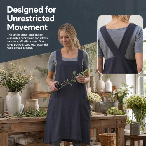 Cross Back Linen Cotton Apron with Pockets (X-Large / Dark Grey)