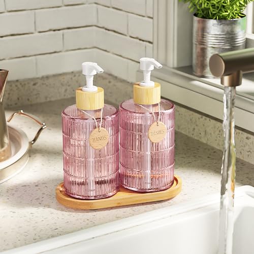 Soap Dispenser Set with Bamboo Tray (Pink&bamboo)