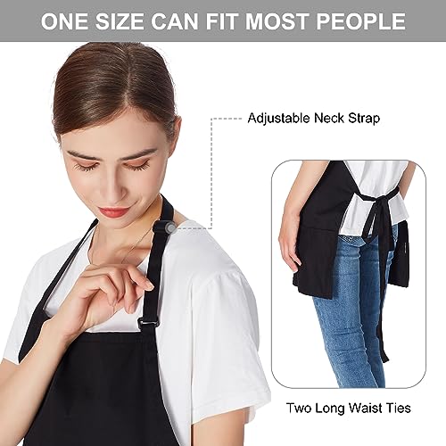 2 Pack 3 Pockets Adjustable Bib Apron 65% Polyester 35% Cotton Fabric Chef Kitchen Cooking Aprons for Women Men (Black)