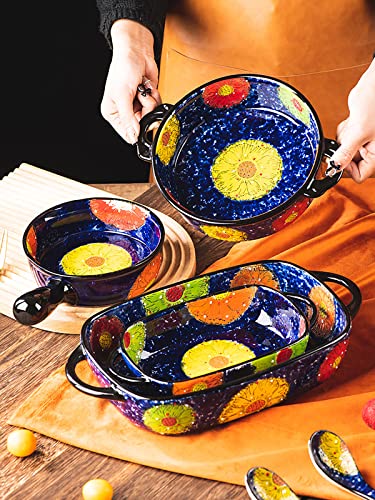 Vintage Style Pottery Bakeware Colorful Daisy Pattern Ceramic Casserole Dish Baking Pan Lasagna Pans Baking Dish with Handles from Oven to Table Plate (ColorfulDaisy / 60 OZ)