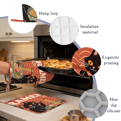 Black Cat Ramen Oven Mitts and Pot Holders Abstract Funny Silicone Kitchen Accessories Set of 4 Heat Resistant Non (Black Cat Ramen,abstract Funny)