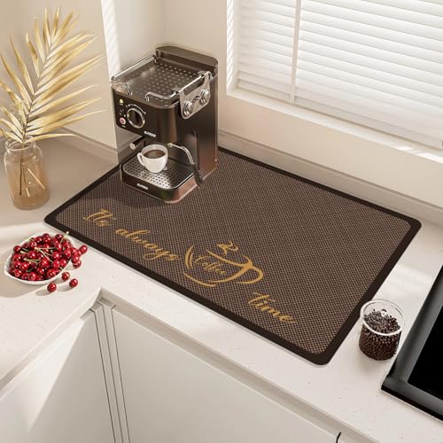 Coffee Mat Hide Stain Rubber Backed Absorbent Drying Mat Modern Kitchen Drying Mat Easy Clean (Brown Grid / 24" x 16")