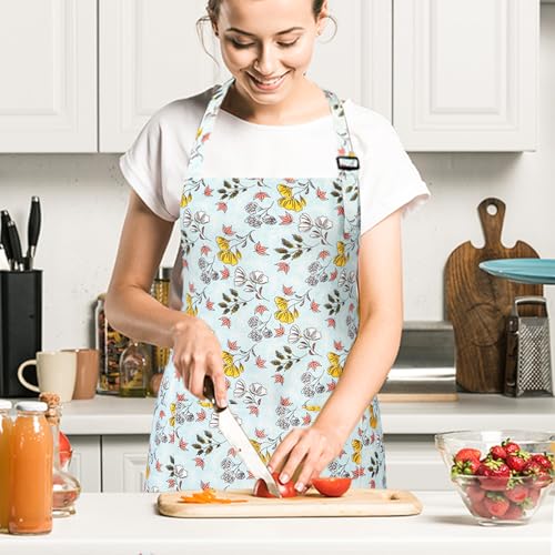 Floral Apron for Women with Pockets Cotton Canvas Waterproof Apron Cooking Baking Painting Gift (Grey)