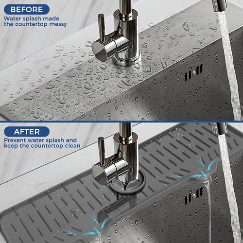 24" Splash Guard Plus Size Silicone Sink Faucet Drying Mat Handle Drip Catcher Tray Dish Sponge Holder Kitchen Accessories Protector Home Organization Gadgets Organizer (Grey(1Pack): 23.4"x5.7")