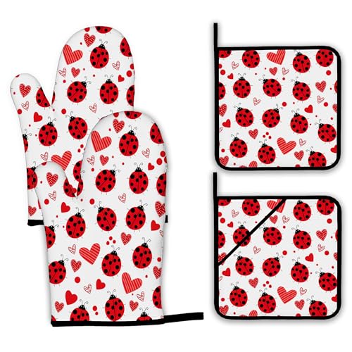Cute Ladybug Oven Mitts and Pot Holders (Cute Ladybug Red Heart)