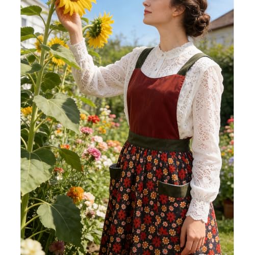 Pinafore Apron Dress for Women Adjustable Flower Work Aprons for Kitchen Cooking Baking Gardening with Pockets (Burgundy Red)