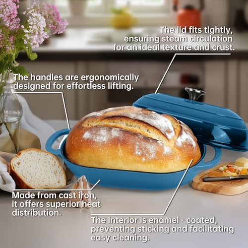 Premium Enameled Cast Iron Dutch Oven for Bread Baking (Oval Blue / 5 QT)