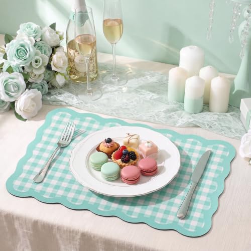 Aqua Sky Scalloped Gingham Coffee Mat 12" x 20" Absorbent Bar Mat (Blue / Gingham)