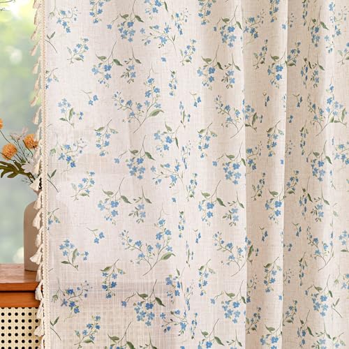 Blue Floral Farmhouse Semi Sheer Curtains 84 Inches Long Linen Blend Boho Vintage Light Filtering Privacy Rustic Country Drapes with Tassel Back Tab for Living (Blue / 50"W x 84"L (Pack of 2))