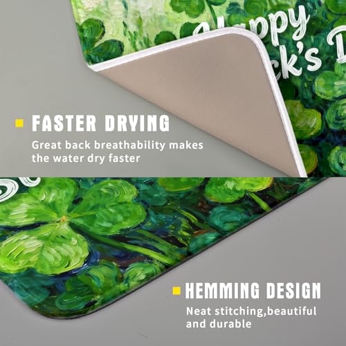 St Patricks Day Lucky Clover Dish Drying Mat for Kitchen Counter 16x18 Green Shamrock Happy Holiday Theme Absorbent Reversible Microfiber Drying Mats Kitchen Countertop Protector Dishes Drainer Pad (16" x 18")