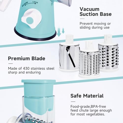 Rotary Cheese Grater Hand Crank with 3 Interchangeable Blades (Blue)