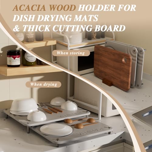 2pcs Large Stone Dish Drying Mat with Acacia Wood Holder Stand for Cutting Board and Stone Drying Mat for Kitchen Counter Quick Dry Diatomaceous Earth Mat for Kitchen Counter (Acacia Holder Moonlight Gray)