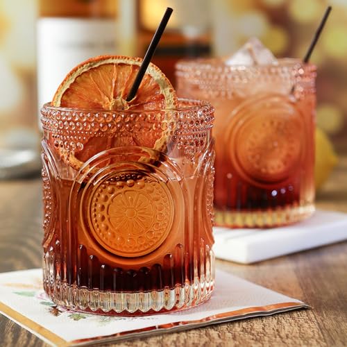 Ribbed Retro Arch Floral Rose Gold Drinking Glasses Set of 6 (10 oz / Rose Gold)