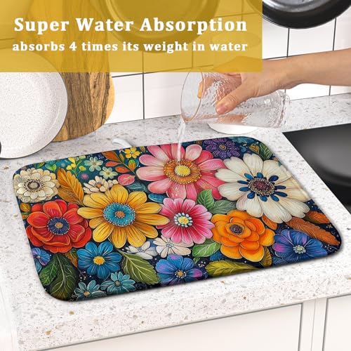 Boho Flower Dish Drying Mat (18" x 16")