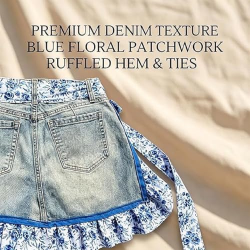 Adjustable Denim Half Apron with Floral Ruffle Hem (B)