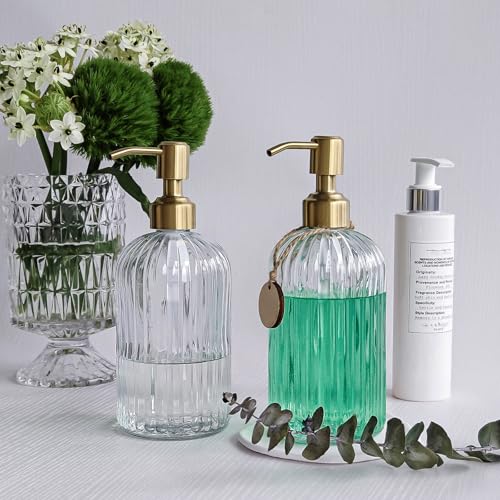 2PACK 18Oz Fluted Glass Soap Dispenser with Golden Rust Proof Pump (Clear-golden Pump-2p / 2 Pack)