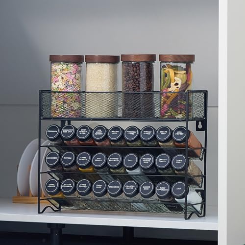 Spice Rack Organizer with 27 Spice Jars with Black Lids (4.7"D x 16.5"W x 12.6"H)