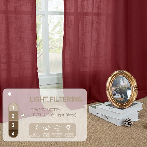 Semi Sheer Linen Curtains 45 Inch Length for Small Windows 2 Panels (34"W x 45"L (Pack of 2) / Burgundy Red)