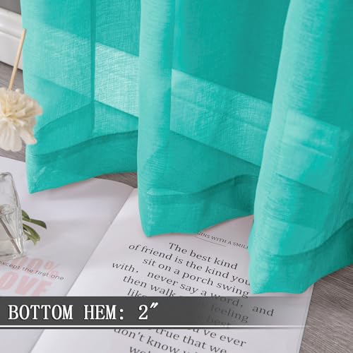 Sheer Curtains Living Room Linen Textured Curtain Sheers Light Filtering Voile Rod Pocket Curtains for Bedroom (38"W x 63"L (Pack of 2) / Aqua Blue)