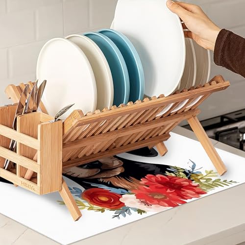 Dachshund Dog Flowers Dish Drying Rack Mat for Kitchen Counter (Dachshund Dog Flowers)