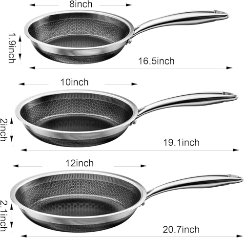 8, 10, 12 Inch Stainless Steel Frying Pan Set, Honeycomb Hybrid Nonstick Skillet for Induction & All Cooktops, PFAS/PFOA/PTFE Free, Oven Safe 500°F, Silver