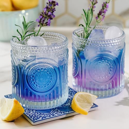 Ribbed Retro Arch Floral Clear Drinking Glasses Set of 6 (10 oz / Clear)
