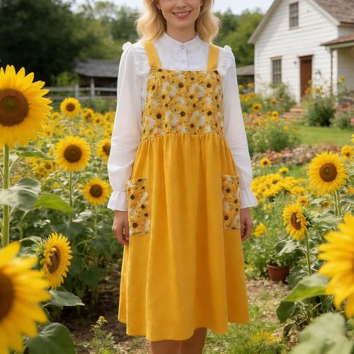 Cotton Linen Apron Cross Back Apron for Women with Pockets Pinafore Dress (Floral Yellow)