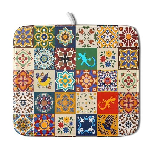 Mexican Tile Dish Drying Mat 16"x18" Talavera Boho Floral Print Dish Drainer Mats Rustic Ethnic Traditional Reversible Small Dish Drying Pad Protector for Kitchen Countertop Decor (18" x 16")