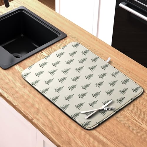 Christmas Tree Dish Drying Mat Winter Xmas Holiday Drying Mats Microfiber Absorbent Dishes Drying Pad Reusable Washable Kitchen Countertop Protector Dish Drainer Rack Mat 18x24 Inch (Christmas Tree / 18" x 24")