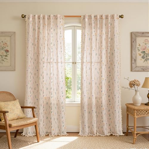 Floral Boho Semi Sheer Linen Blend Farmhouse Curtains 84 Inches Long 2 Panels Set Cute Flower Printed Drapes with Tassels Back Tab Rod Pocket for Living Room Bedroom (Flesh Pink / 50"W x 84"L (Pack of 2))