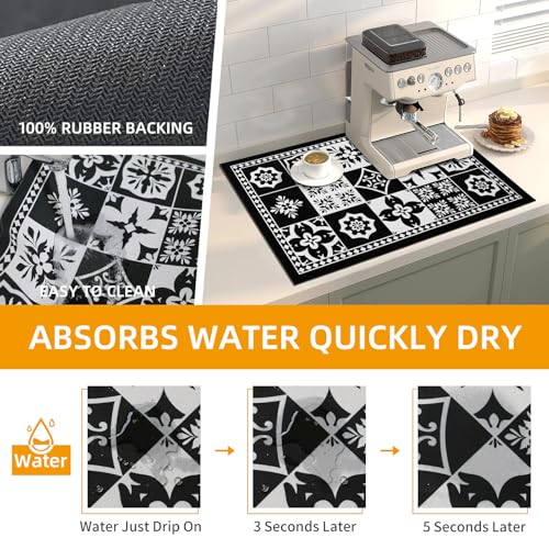 Coffee Bar Mat Hide Stain Rubber Backed Absorbent Drying Mat Modern Kitchen Drying Mat Easy Clean (Retro Black / 19" x 12")