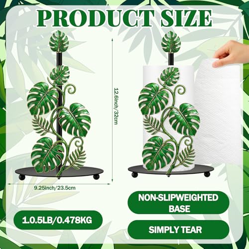 Tropical Monstera Paper Towel Holder with Round Base Boho Bathroom Decor Green Leaf Dispenser Kitchen Paper Holder Stand for Countertop Toilet Home Accessories (Multicolored)
