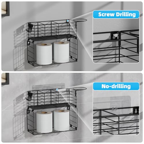 Metal Hair Tool Organizer with Toilet Paper Storage Basket Wall Mount (Black 2 Tiers)