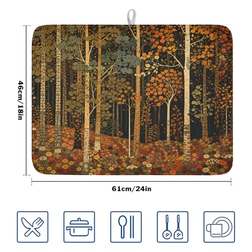 Fall Dish Drying Mat for Kitchen Counter Autumn Forest Vintage Botanical Nature Microfiber Dish Drainer Mat Antique Rustic Farmhouse Absorbent Washable Drying Pad 18"x24" (Fall Forest / 24" x 18")