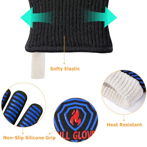 BBQ Gloves Oven Gloves 1472℉ Extreme Heat Resistant (Black Blue / One Size Fits Most(Long Cuff))