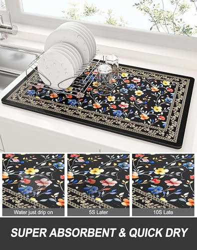 Dish Drying Mat for Kitchen Counter (Retro Floral / 12" x 19")