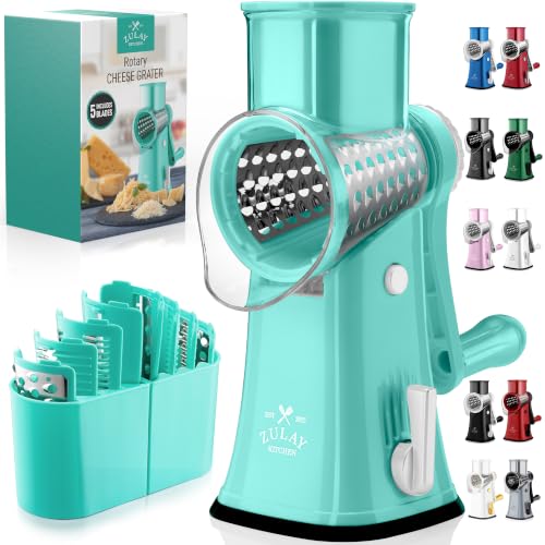 Rotary Cheese Grater Manual Hand Crank 5 Blade Shredder (5 Blades / Teal)